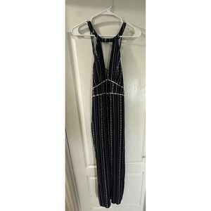 Flying Tomato NWT M Halter Jumpsuit Black Blue‎ White Stripes Rayon Women's